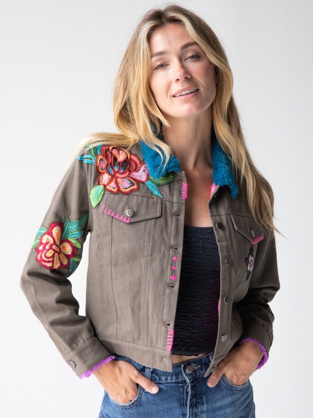 Natural Life Tara Embellished Jacket Embroidered Faux Fur Olive Green Purple XL